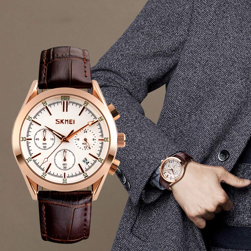 MASTOP Orologio da polso da uomo, analogico, in pelle, cassa in oro rosa, orologio al quarzo, impermeabile, con data, classico, da lavoro