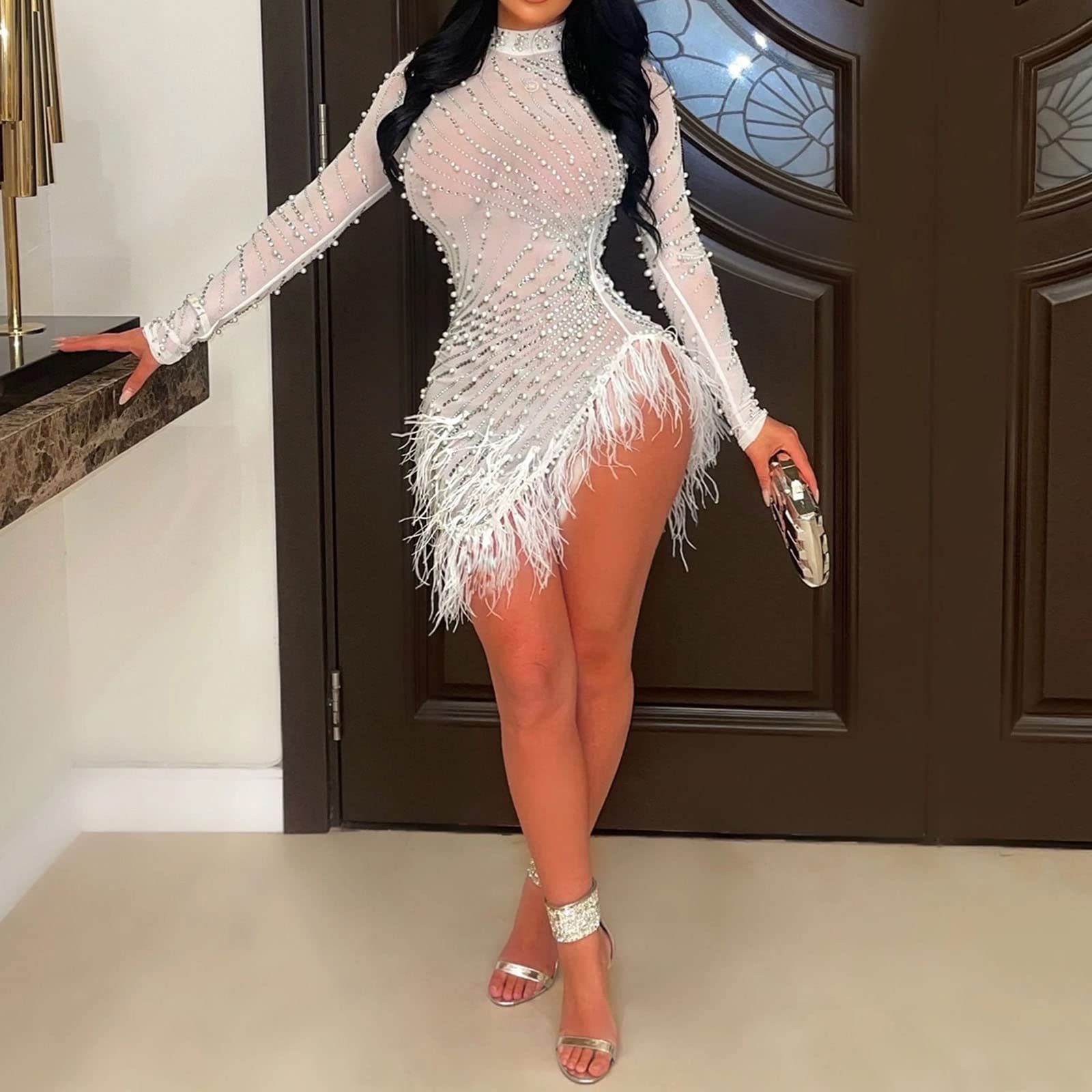 sunongvt Abito da Donna Sexy con Perforazione a Caldo Manica Lunga Orlo di Piume Irregolare Trasparente Mini Abito Aderente per Cocktail Club Notturno