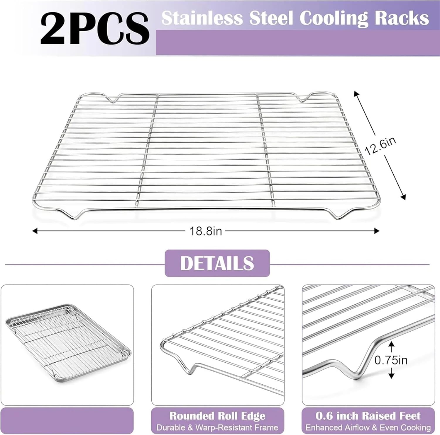 Large Stainless Steel Baking Sheet Set with 2 Pans & 2 Cooling Racks, Dishwasher Friendly