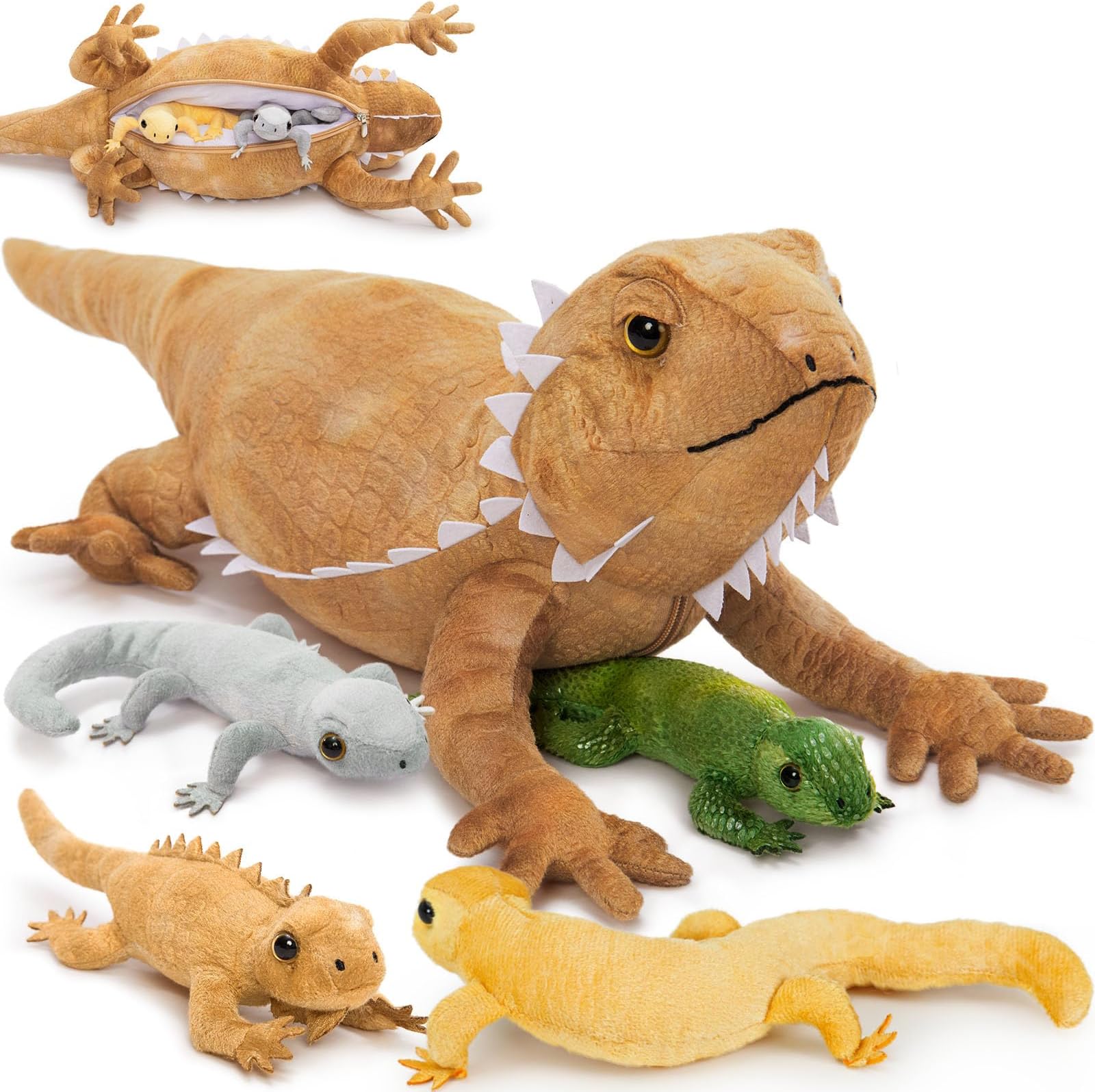Lizard Stuffed Animal with 4 Babies, 26.5" Realistic Big Bearded Dragon Plush Toy Home Decor Birthday Gifts for Boys Girls, Brown