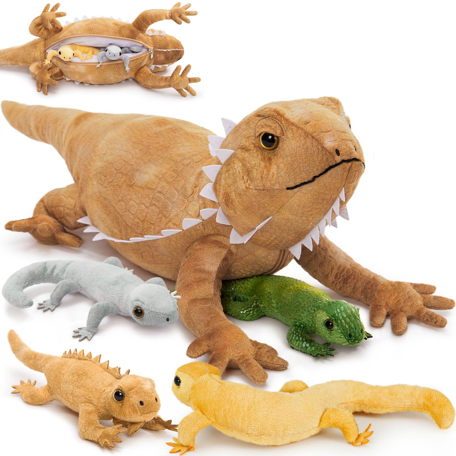 Tezituor Lizard Stuffed Animal with 4 Babies, 26.5" Realistic Big Bearded Dragon Plush Toy Home Decor Birthday Gifts for Boys Girls, Brown