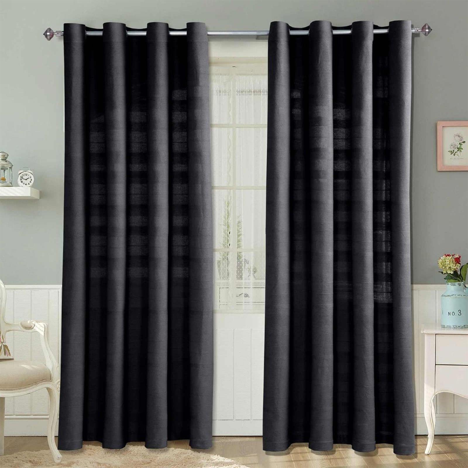 Homescapes Unisex Black Cotton Rajput Ribbed Curtain Pair In 167Cm Width X 228Cm Drop