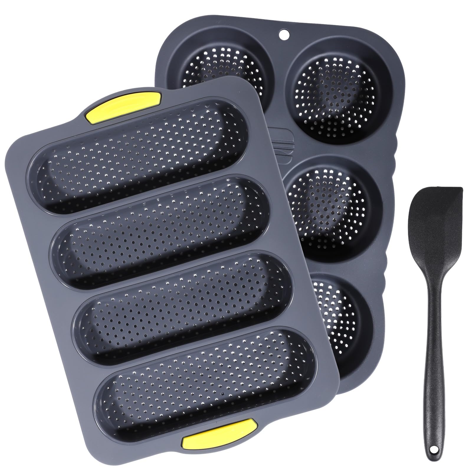 OMISTAR Juego de 3 moldes de silicona para baguette y pan de hamburguesa, molde antiadherente para hornear pan francés, bandeja para hornear pan francés de 4 ondas, molde para panecillos de