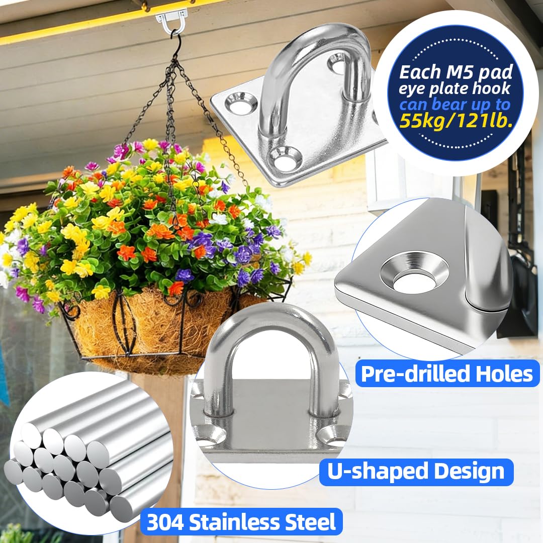 Piatto di ancoraggio da soffitto in acciaio inox per carichi pesanti, set di 4 ganci da soffitto resistenti M5 a forma di U con moschettone e viti, fino a 55 kg per poltrona sospesa, amaca, ombrellone