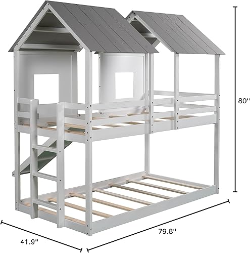 Miniatura 58 de Merax Cama de madera de tamaño completo con ventana y valla, marco de cama matrimonial para adolescentes, niños y niñas, gris