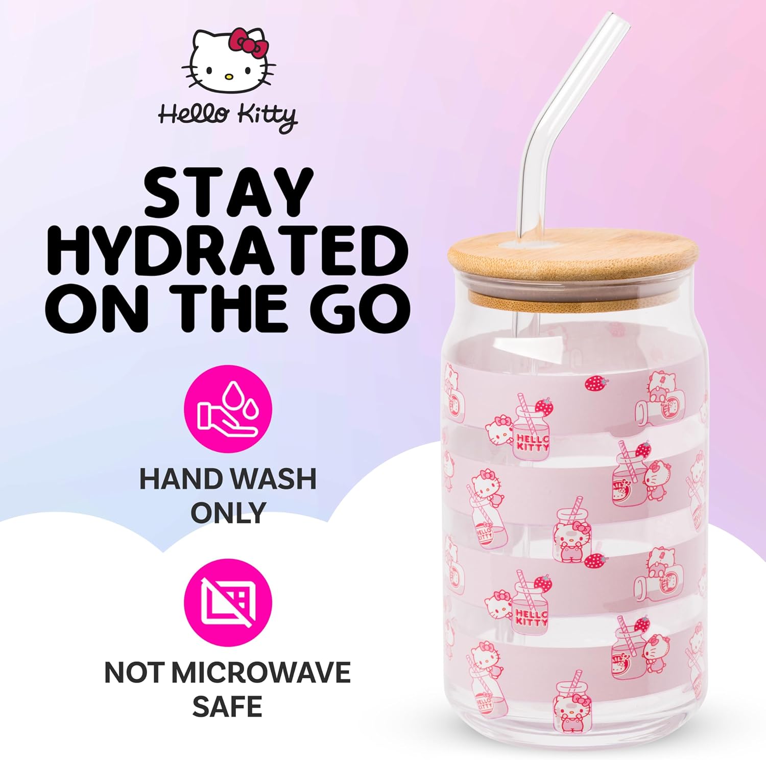 Silver Buffalo Sanrio Hello Kitty Strawberry Milk, Glass Tumbler, 16oz image 2