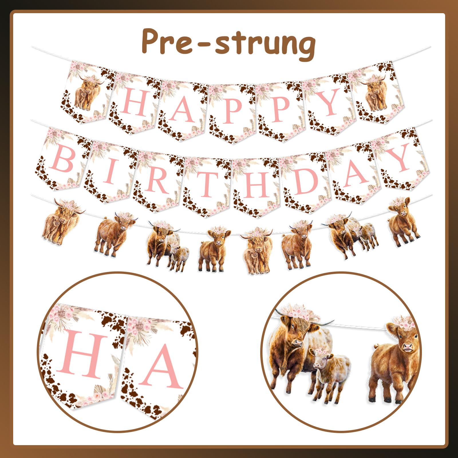 Highland Cow Birthday Decorations Set - Happy Birthday Banner & Garland, Boho Floral Farm Animal Party Decor