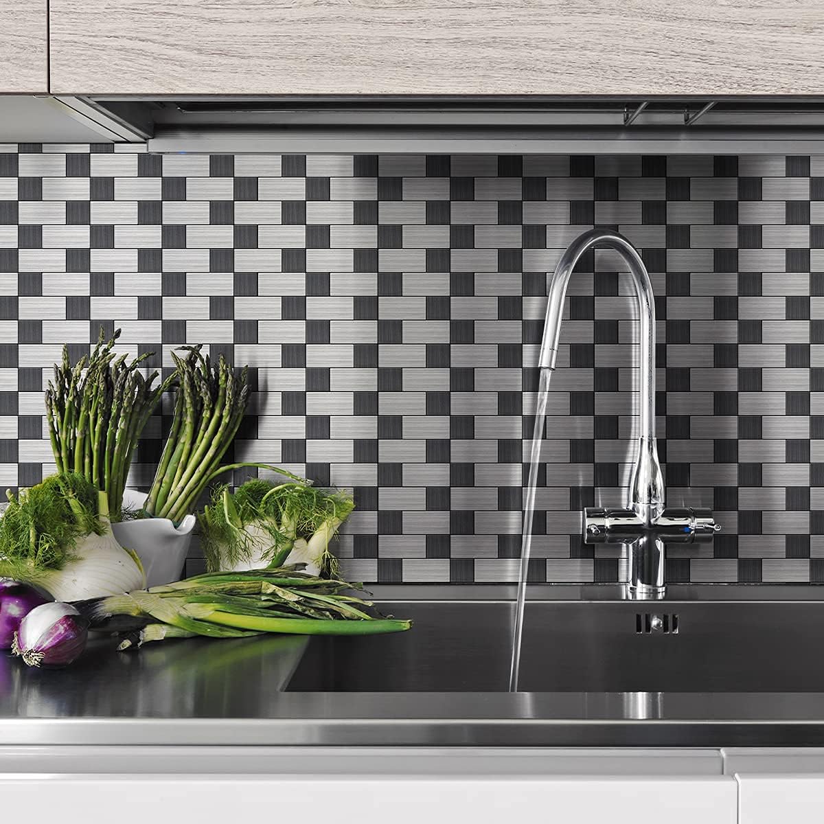 Azulejos De Mosaico Autoadhesivo Aluminio Plata Metal Rectángulo MOS200