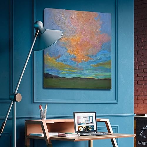 Miniatura 2 de ArtbyHannah Pinturas abstractas grandes de cielo de 32 x 32 pulgadas para sala de estar, con brillo de nube nocturna, impresionismo natural, paisaje
