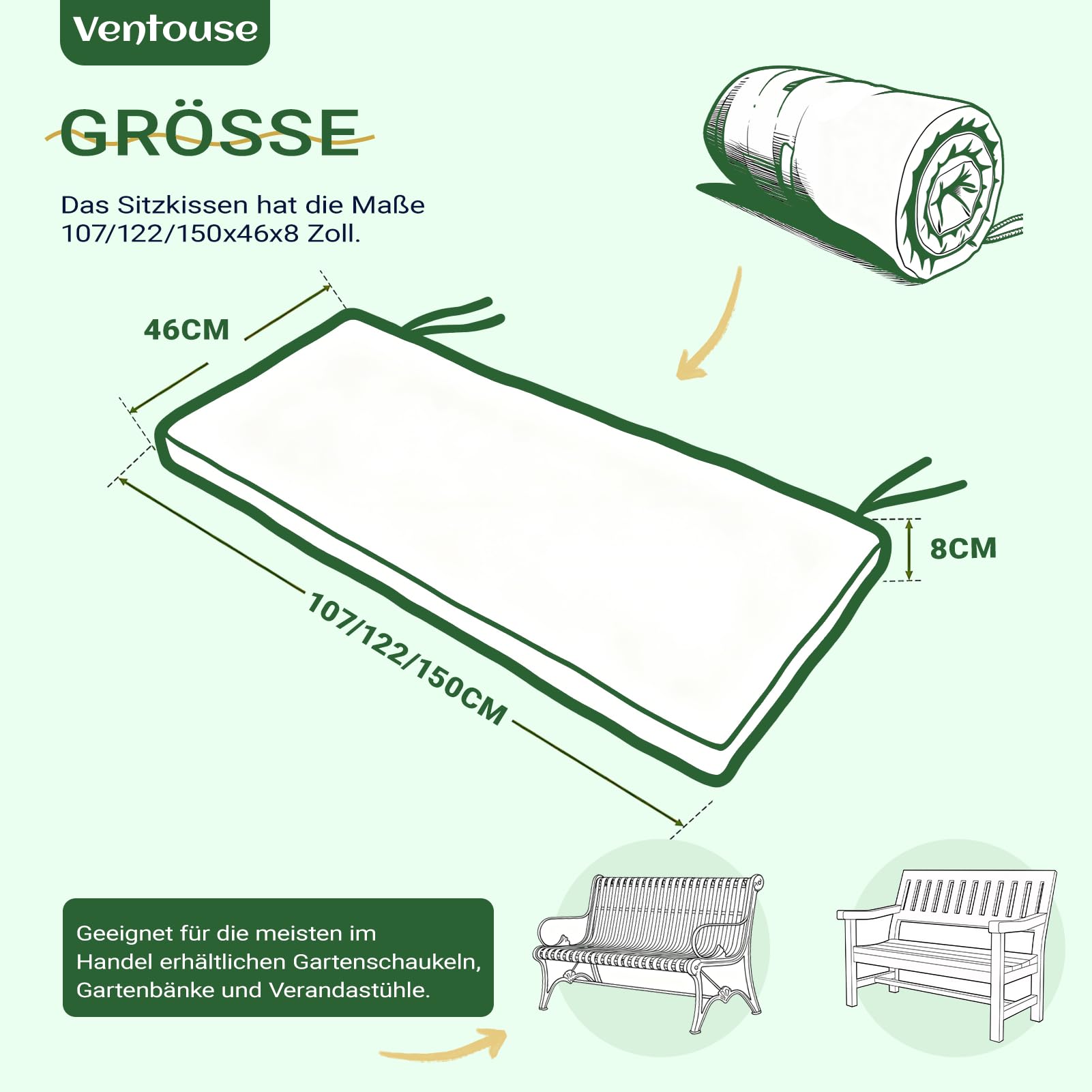 Coussin de banc d'extérieur de 8 cm d'épaisseur - 107 x 46 x 8 cm - Imperméable - Avec design antidérapant - Pour les amateurs de décoration (vert foncé, 150 x 46 x 8 cm)