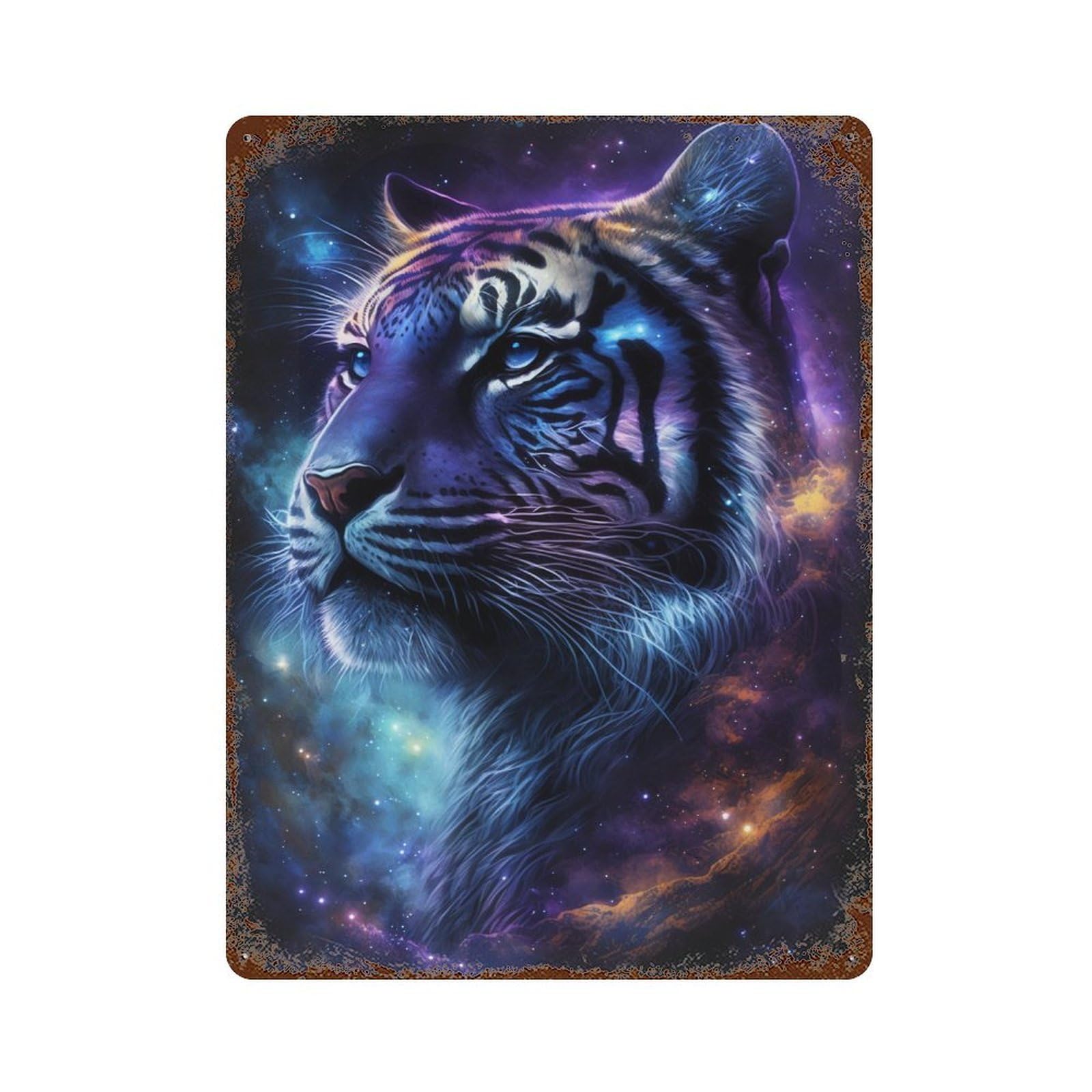 Vintage Rust Metal Sign with Cosmic Tiger Portrait Design 15.7"x11.8", for Shed, Workshop And Garage Wall Decor, Retro Wall Decor