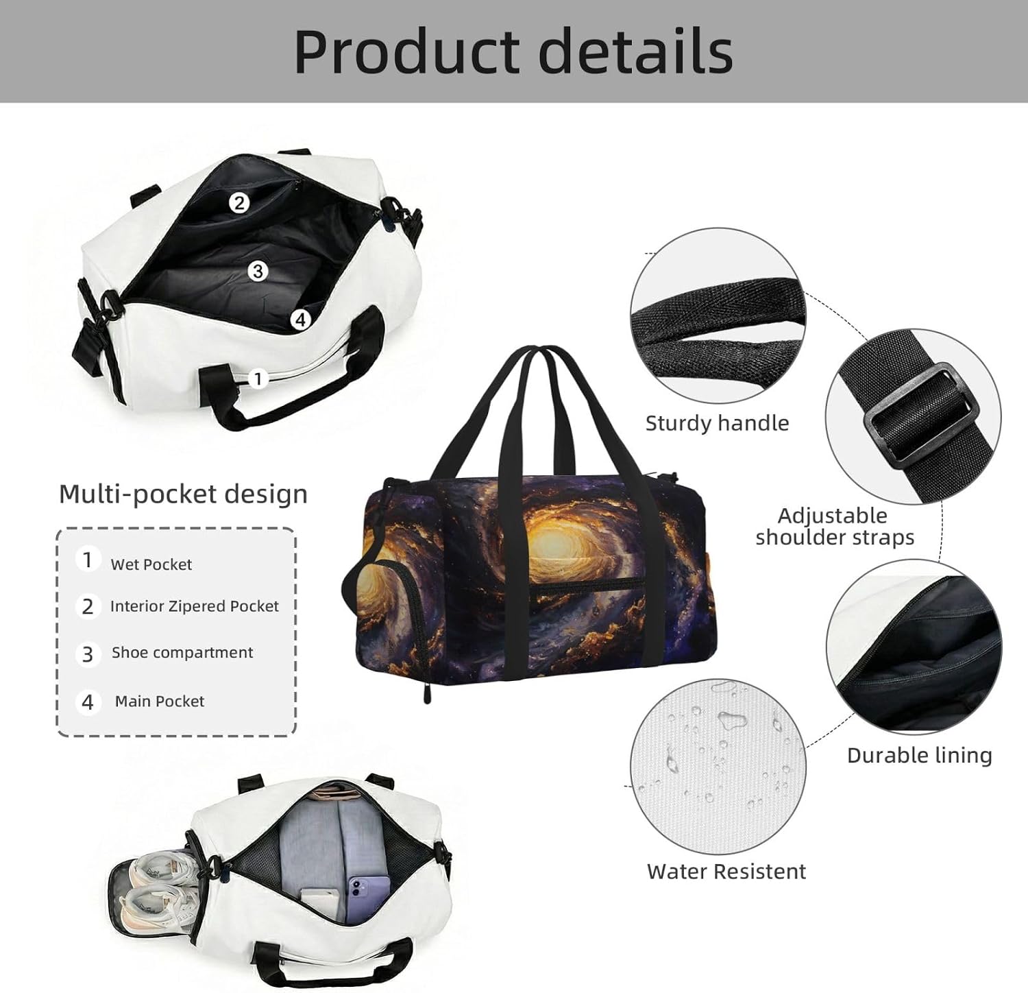 Galaxy Print Handheld Sports Luggage Unisex Crossbody Bag Travel Weekend Fitness Workout image 5