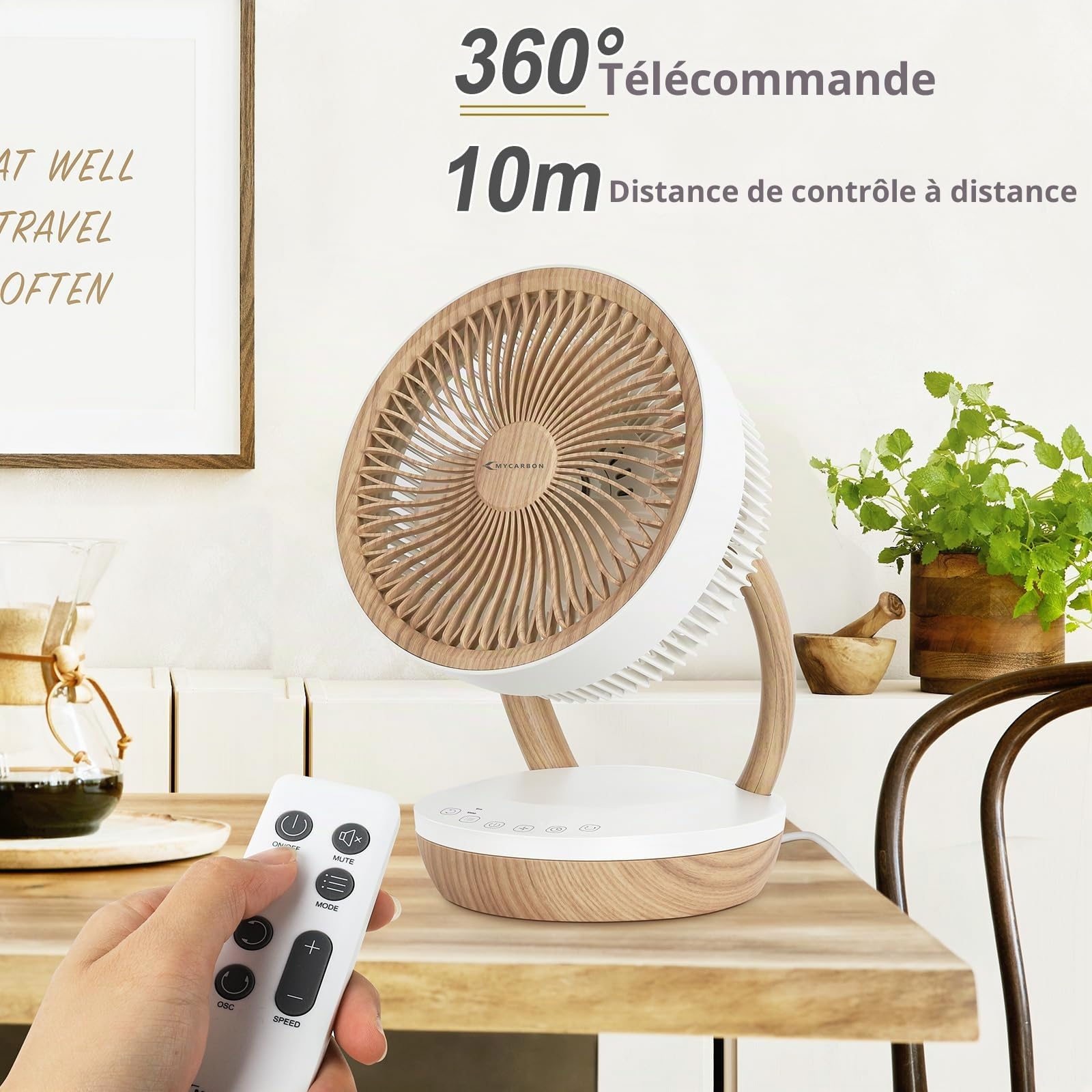 MYCARBON DC Ventilateur Ultra Silencieux 20dB avec Télécommande 1800m³/ h Ventilateur de Table Puissant et Silencieux 8 Vitesses 8h Minuterie 3D Oscillation Mode ECO pour Chambre Bureau, FS05-DC