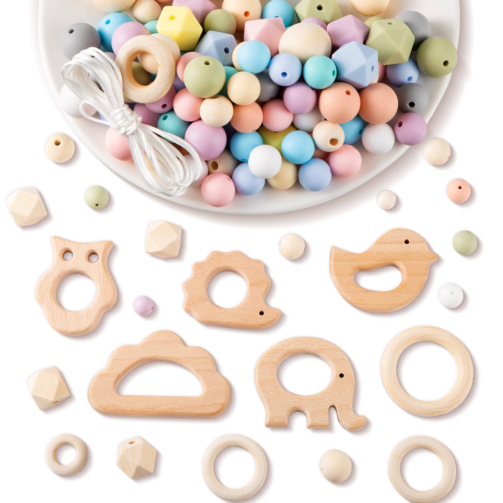 180 Pieces DIY Teething Bead Kits with Round Silicone Beads Wooden Beads  Wooden Teething Ring Polygonal Silicone Teething Beads Animal Wooden Teether