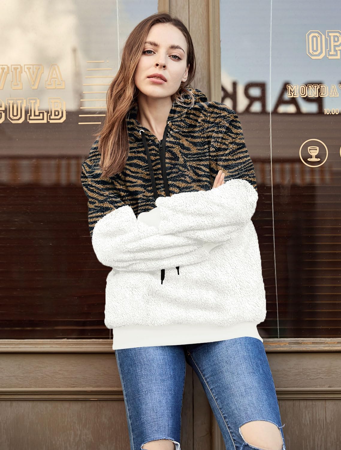 LONGYUAN Women Casual Hoodies Fashion Fuzzy Warm Pullover Sherpa Outerwear with Pockets - Image 3