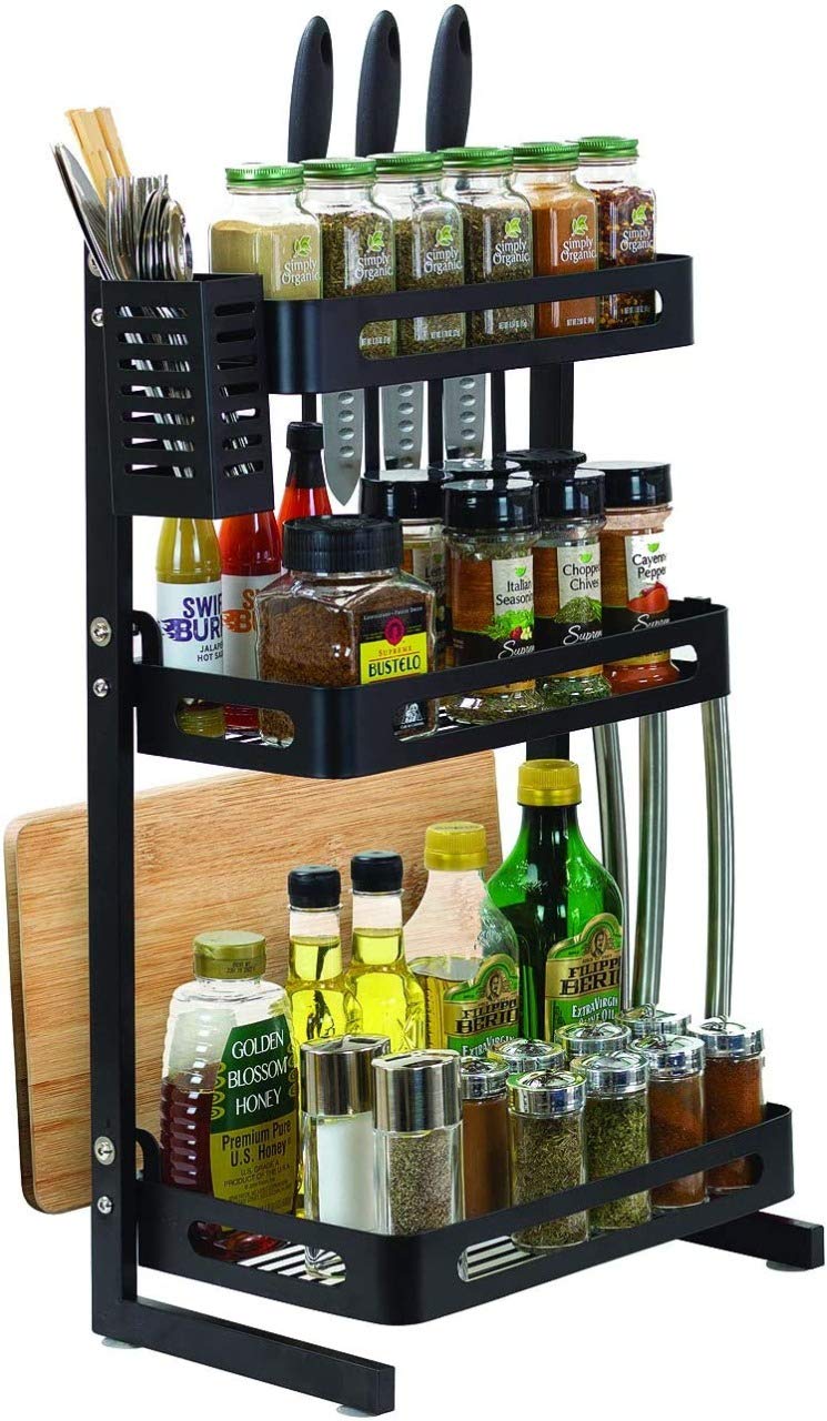 Metal 3-Tier Kitchen Spice Rack Utensil Holder with 3 Hooks, (Black)