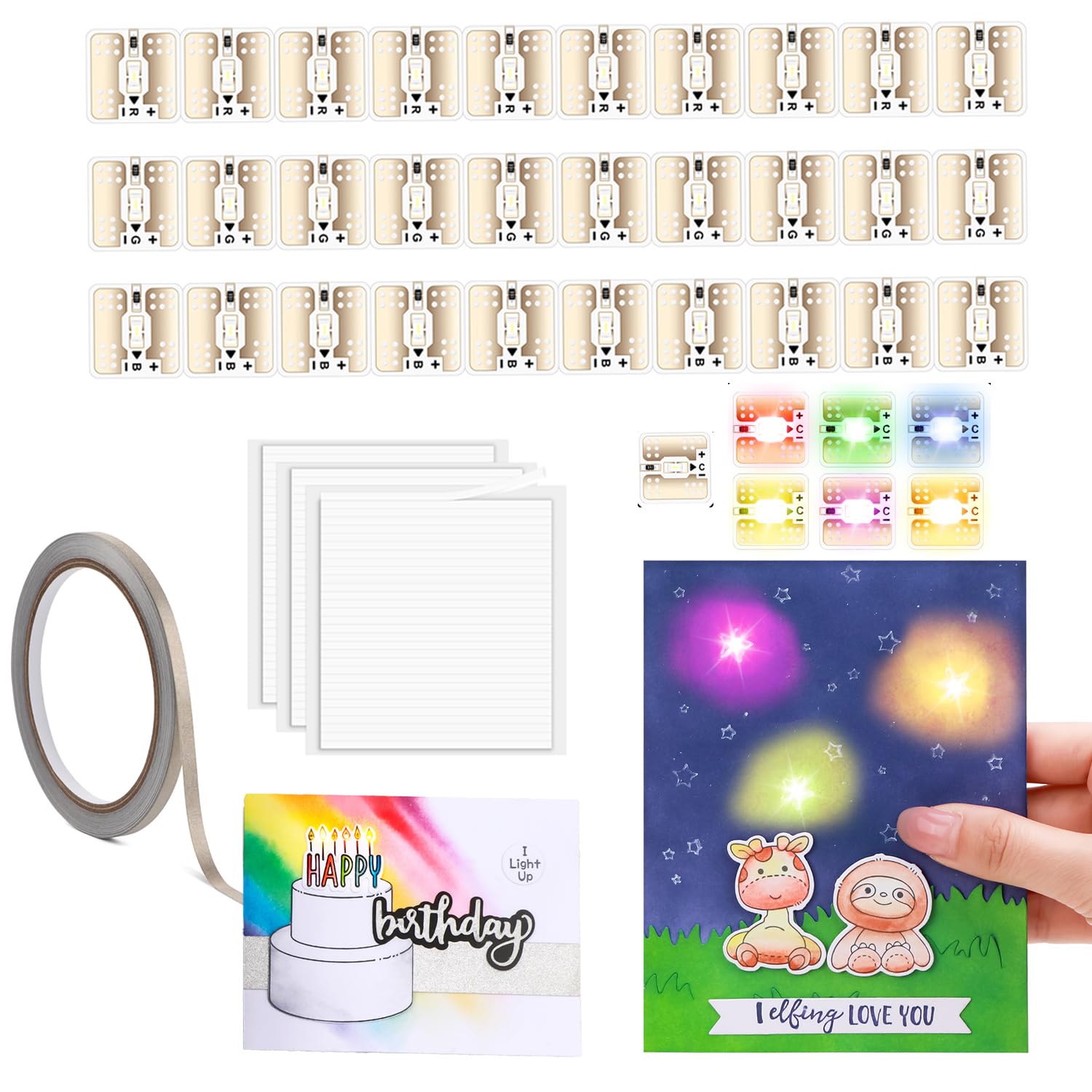 OTCRAFT 30Pcs/Set 7 Color LED Circuit Stickers and Conductive Fabric Tape;Light Craft Kit for Special Cards Making Scrapbook Decoration Light-up Projects (Red Blue Green Yellow Orange Pink White)