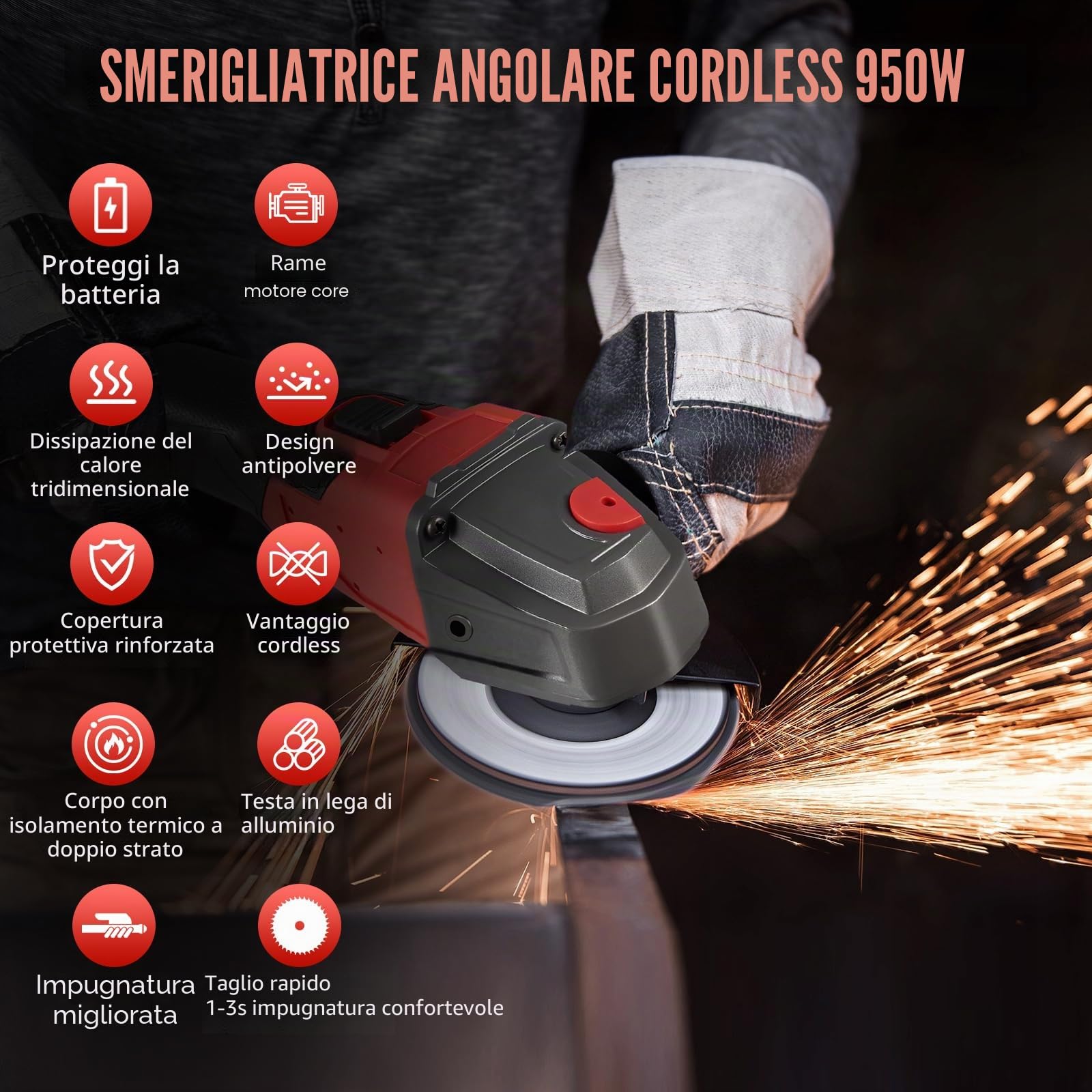 Smerigliatrice Angolare a Batteria Compatibile con Milwaukee 18V | 12000 giri/min, smerigliatrice angolare a batteria, diametro disco 125 mm, profondità di taglio 22 mm