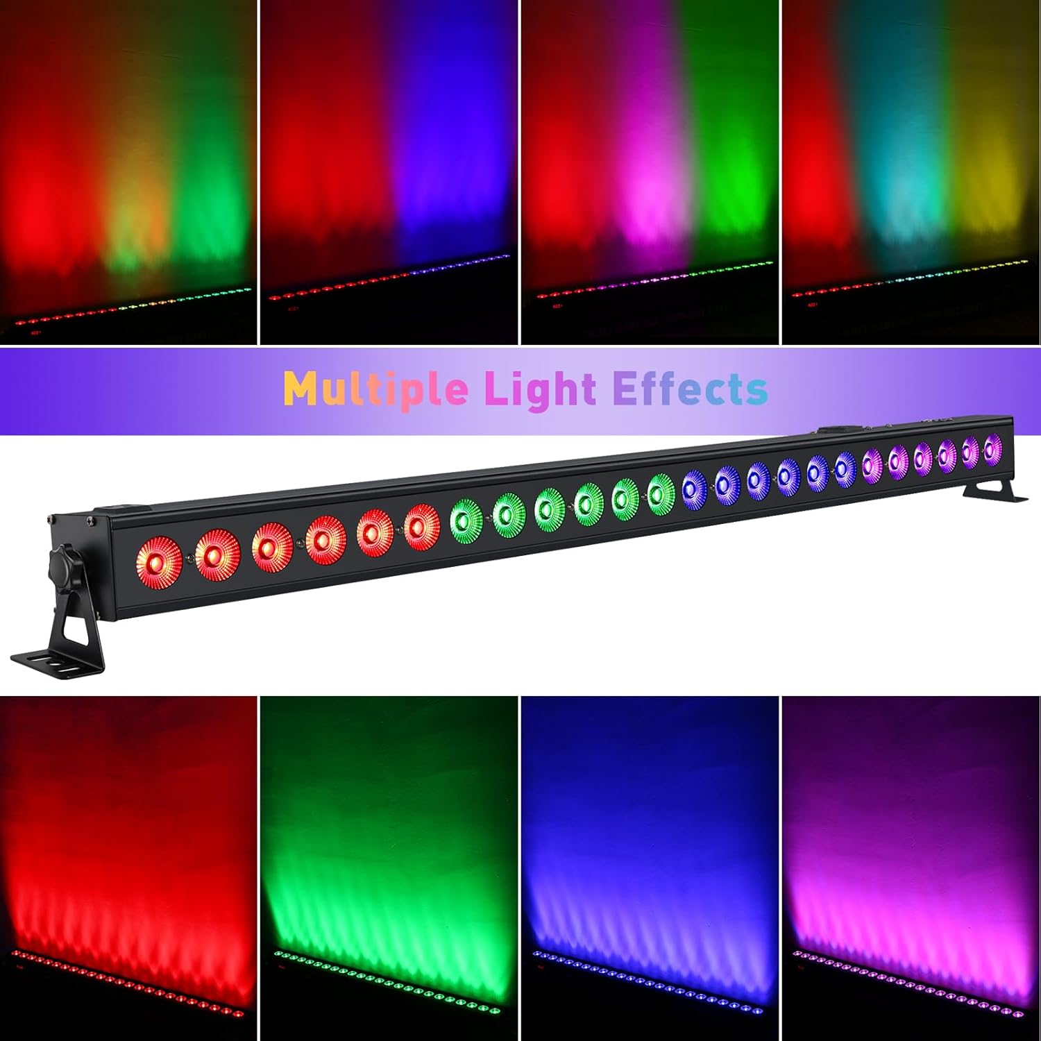YeeSite YS-BR24 LED Stage Light Bar displaying various static colors and multiple light effects