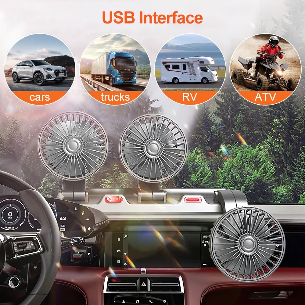 Ventilateur de voiture, Ventilateur électrique, Ventilateur USB portable, Ventilateur Électrique Automobile À Trois Têtes, Rotation 360 ° 2 Vitesses Convient à Toutes Les Voitures Familiales