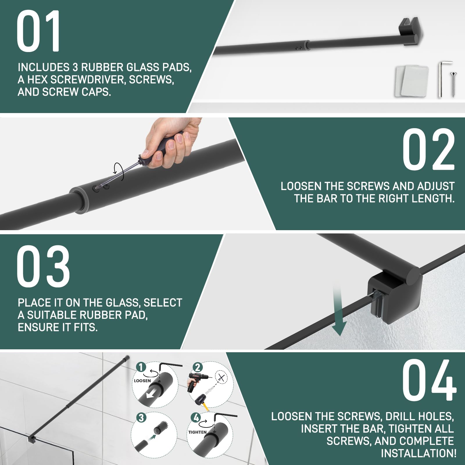 Barra de soporte de vidrio para puerta de ducha, barra de soporte telescópica de acero inoxidable de pared a vidrio para vidrio de 6 mm a 10 mm de grosor, barra de soporte de panel fijo para puerta de