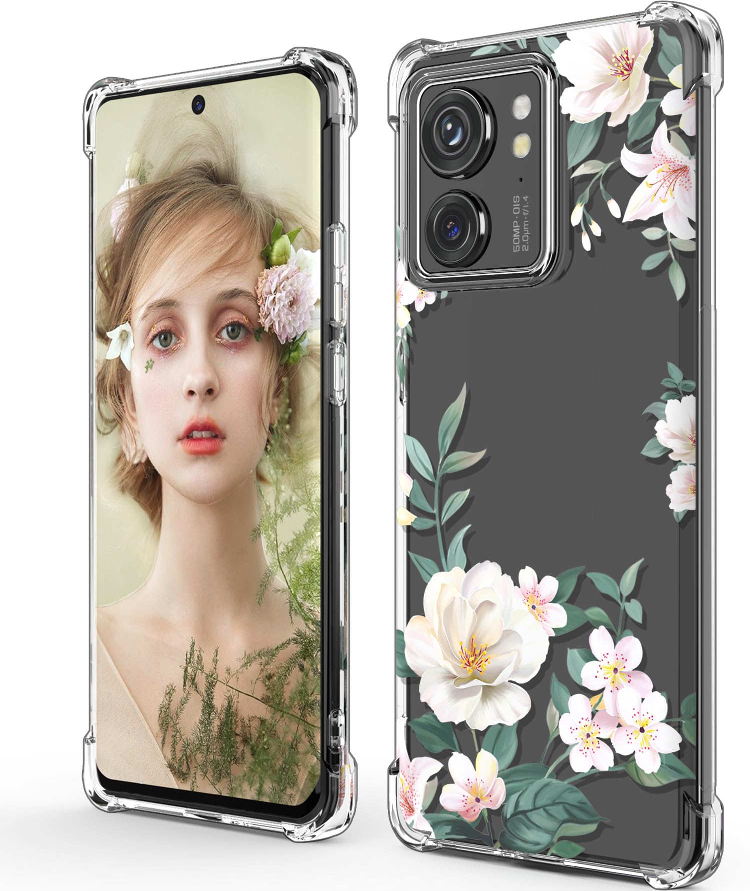 DagoRoofor Moto Edge 2023 (US Version) Case, Crystal Clear Flower Pattern Slim Flexible TPU Reinforced Corners Shock-Absorption Case Cover for Motorola Moto Edge 2023 (US Version)-Magnolia