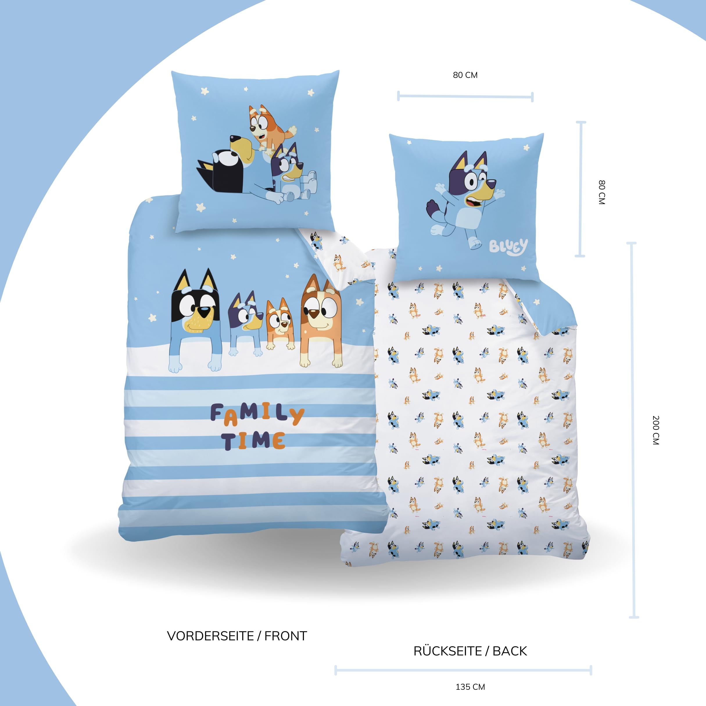 MTOnlinehandel Bluey Bettwäsche 135x200 Baumwolle für Mädchen und Jungen, Wendemotiv Kinderbettwäsche, 1x Kissenbezug 80x80 + Bettbezug 135x200, Öko Tex