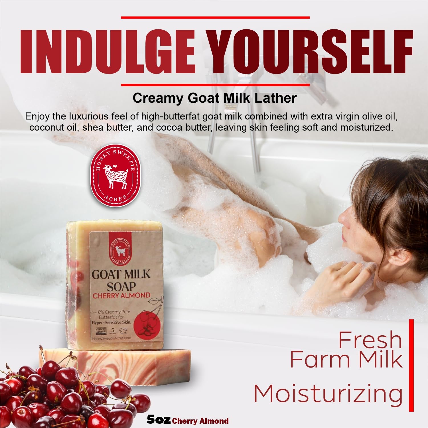 Honey Sweetie Acres Cherry Almond Goat Milk Soap - Handmade 5 oz Bar, Made with Natural Ingredients, Moisturizing & Gentle, Made in the USA