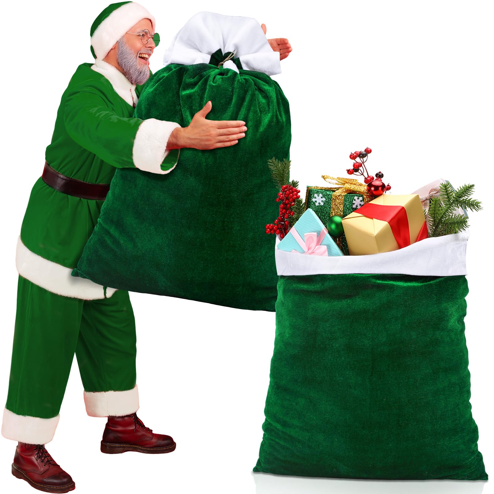 Shappy 2 Pcs Christmas Velvet Santa Gifts Bags 20 x 28 Inch Large Santa Gift Sack with Drawstring Christmas Gift Presents Bags for Xmas Present Toys Holiday Party Supplies(Green)