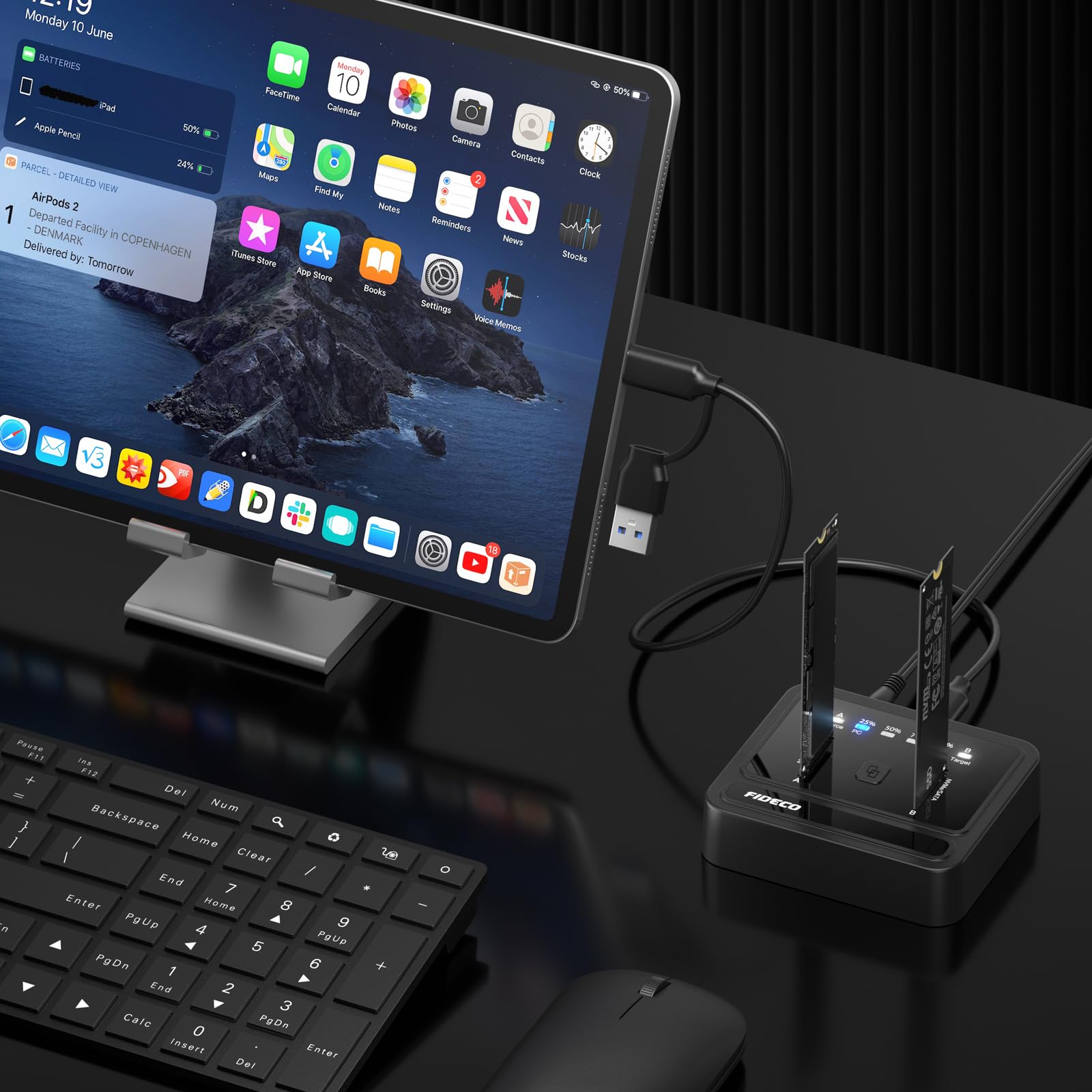FIDECO Base de Connexion M.2 NVMe SATA SSD, USB 3.2 Gen 2, 20Gbps Station d'accueil pour Disque Dur à Double Baie, Prend en Charge Le clonage Hors Ligne, UASP et Trim