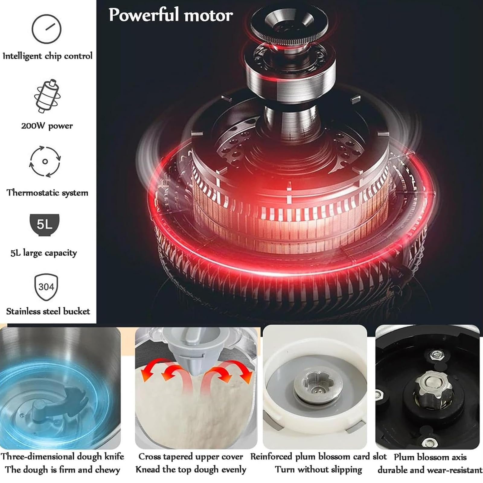Máquina Automática para Masa 5L/7L, Amasadora Inteligente con Función de Fermentación y Temporizador, Control por Panel Táctil, Diseño Desmontable, Para Pan, Pizza, Bollos y Repostería 7L