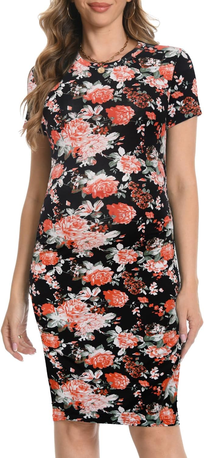 Bearsland Women Summer Short Sleeve Maternity Dress Ruched Mama Baby Pregnancy Clothes