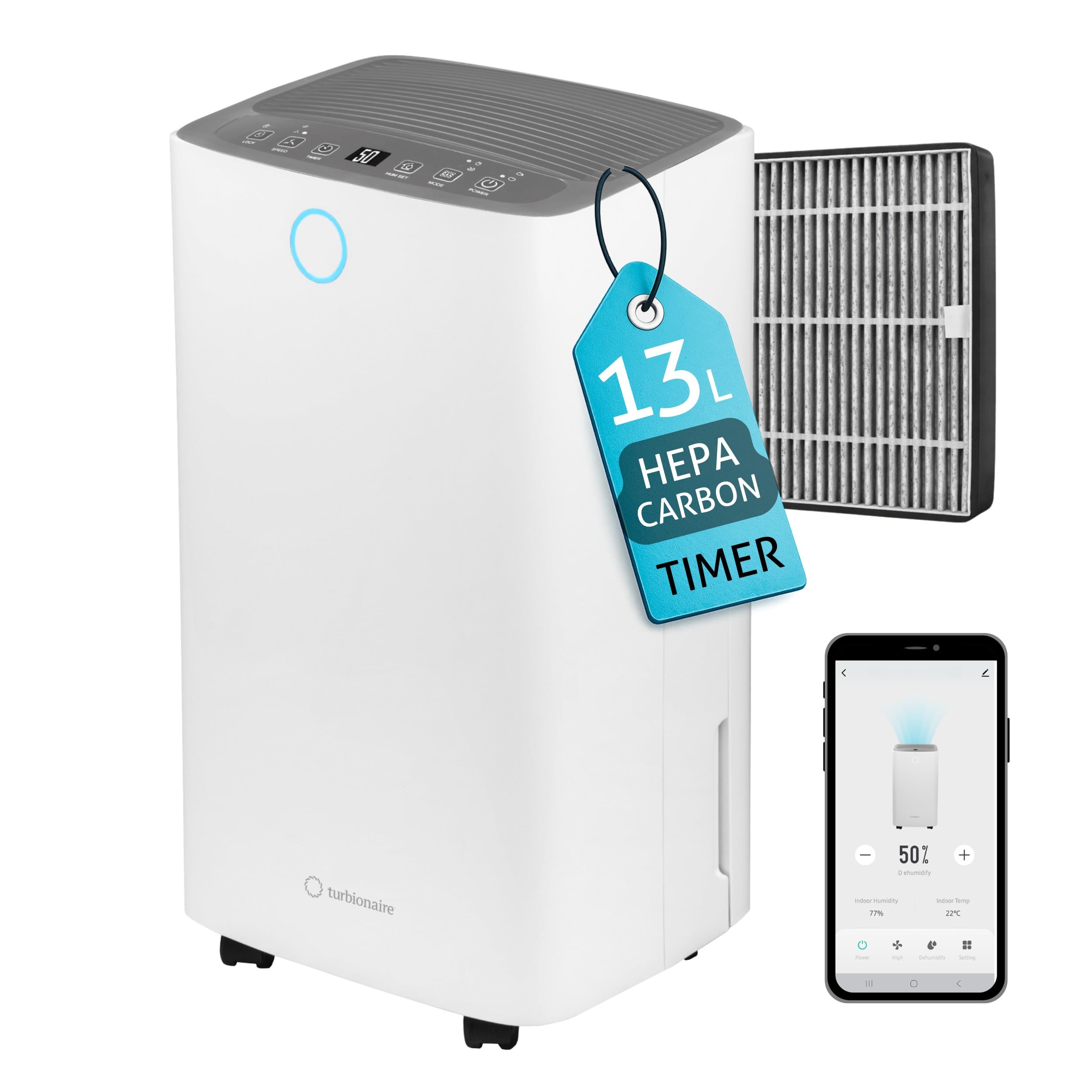 Deumidificatore e Purificatore Casa Muffa Turbionaire Senso 13 WiFi, 13L/Giorno, Addato fino a 30m², Filtro HEPA + Carboni Attivi, Silenzioso, Serbatoio da 2L, Asciugatura Vestiti, Muffa e condensa