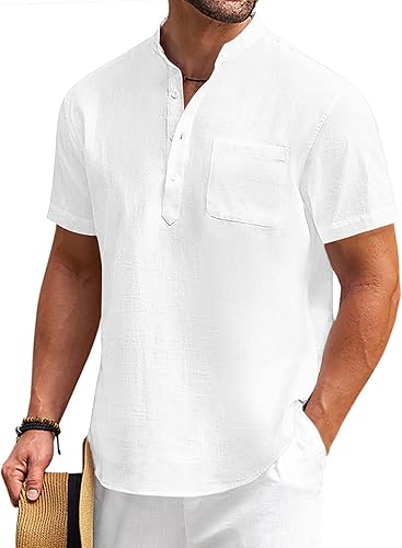 COOFANDY - Camisetas henley de algodón y lino para hombre, manga corta, con bolsillo, de estilo hippie, informal, para la playa