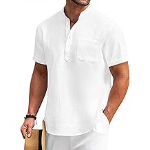 Men's Cotton Linen Henley Shirt Short Sleeve Hippie Casual Beach T-Shirts with Pocket
