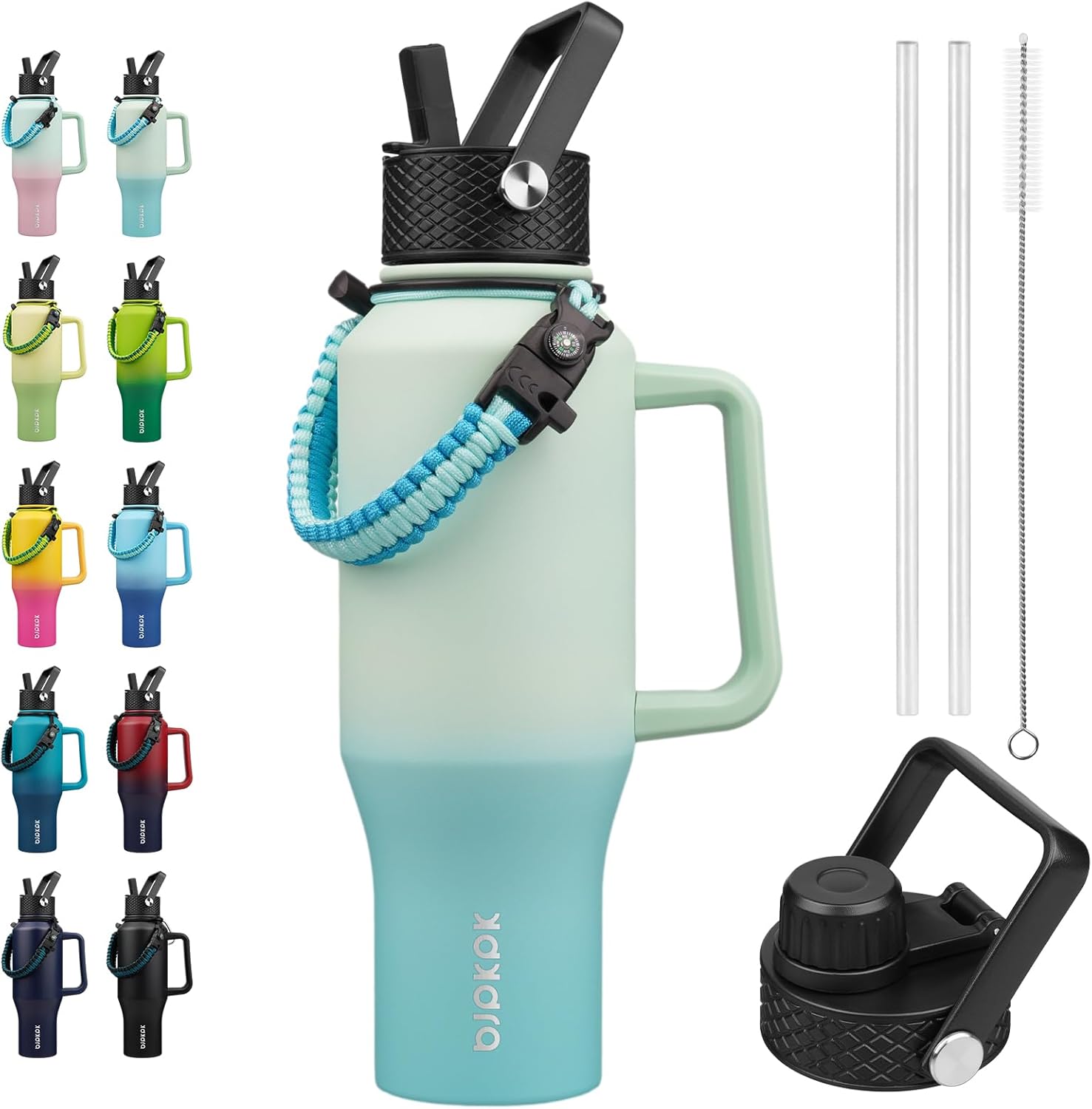 BJPKPK Insulated Water Bottles with Straw Lid, 35oz Metal Water Bottle with 2 lids & Paracord Strap, Double Wall Stainless Steel Tumbler with Handle, Reusable Cups, Mugs, Thermo, Mint