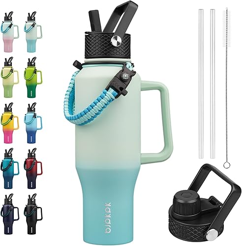 Miniatura 25 de BJPKPK Botellas de agua aisladas con tapa con pajita, botella de agua de metal de 23 onzas con 2 tapas y correa de paracord, vasos al vacío de acero