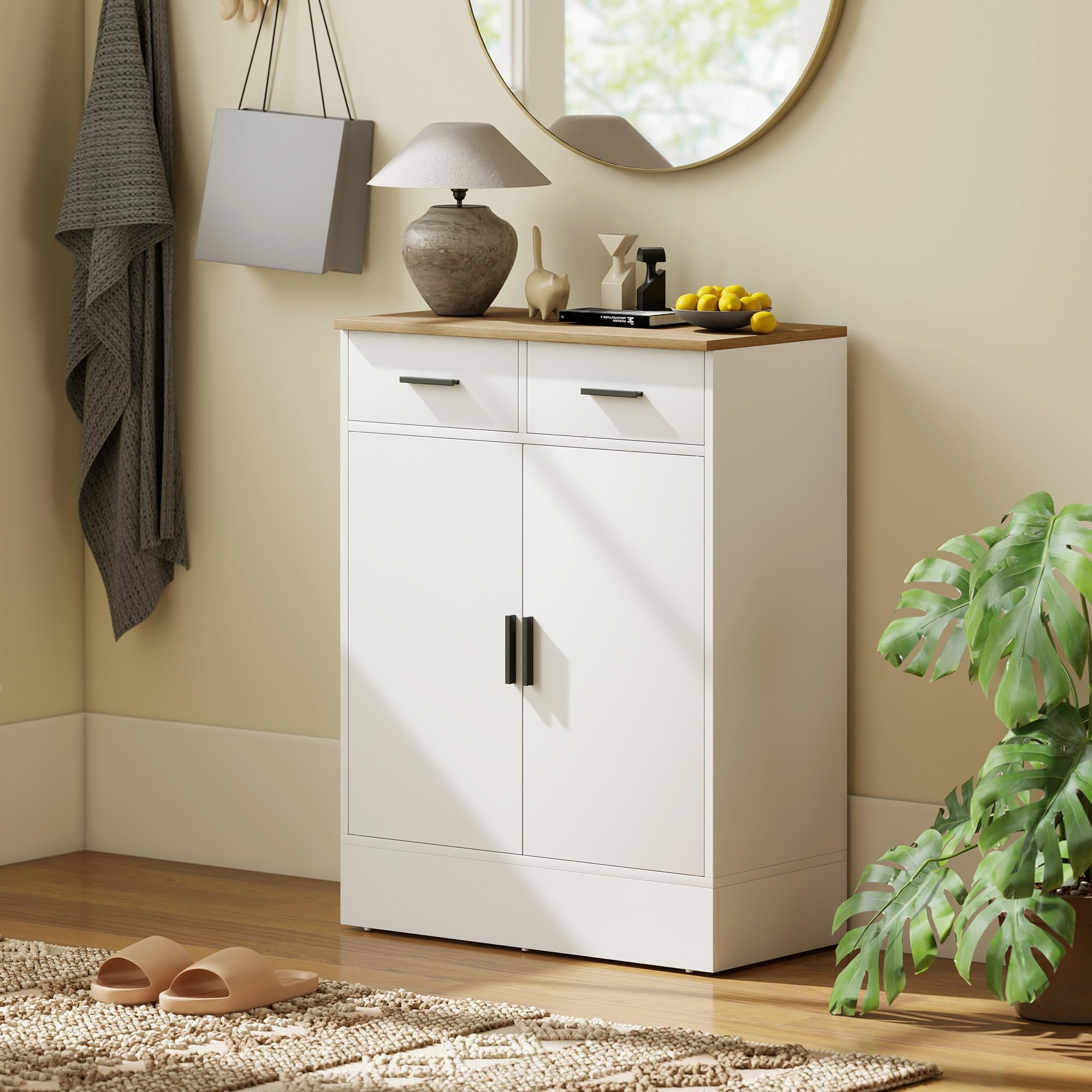 HOMCOM Aparador de 2 Puertas, Aparador de Salón con 2 Cajones y Estantes Ajustables, para Cocina, Entrada, Dormitorio, Blanco y Natural, 68,6x35x90,3 cm