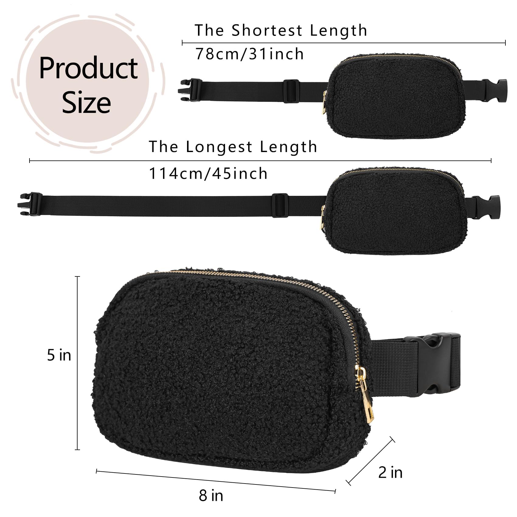 VKIOIP Riñonera unisex con correa ajustable, manos libres, con cremallera, para mujer y hombre, para senderismo, correr, regalos deportivos, Negro(Fleece Black), Riñonera de forro polar