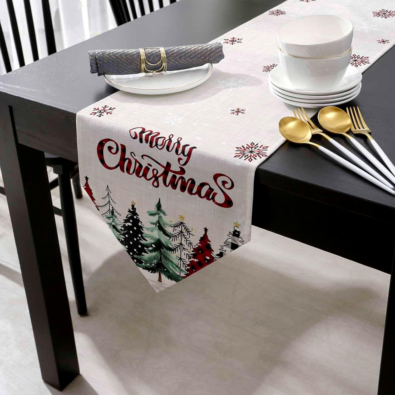 Christmas Table Runner 13x108 Inches Long Cotton Linen Tablerunner, Burlap Table Setting Decor Farmhouse Tabletop Dresser Scarves for Kitchen Dinner Party Rustic Pine Tree Red Green Plaid Dot