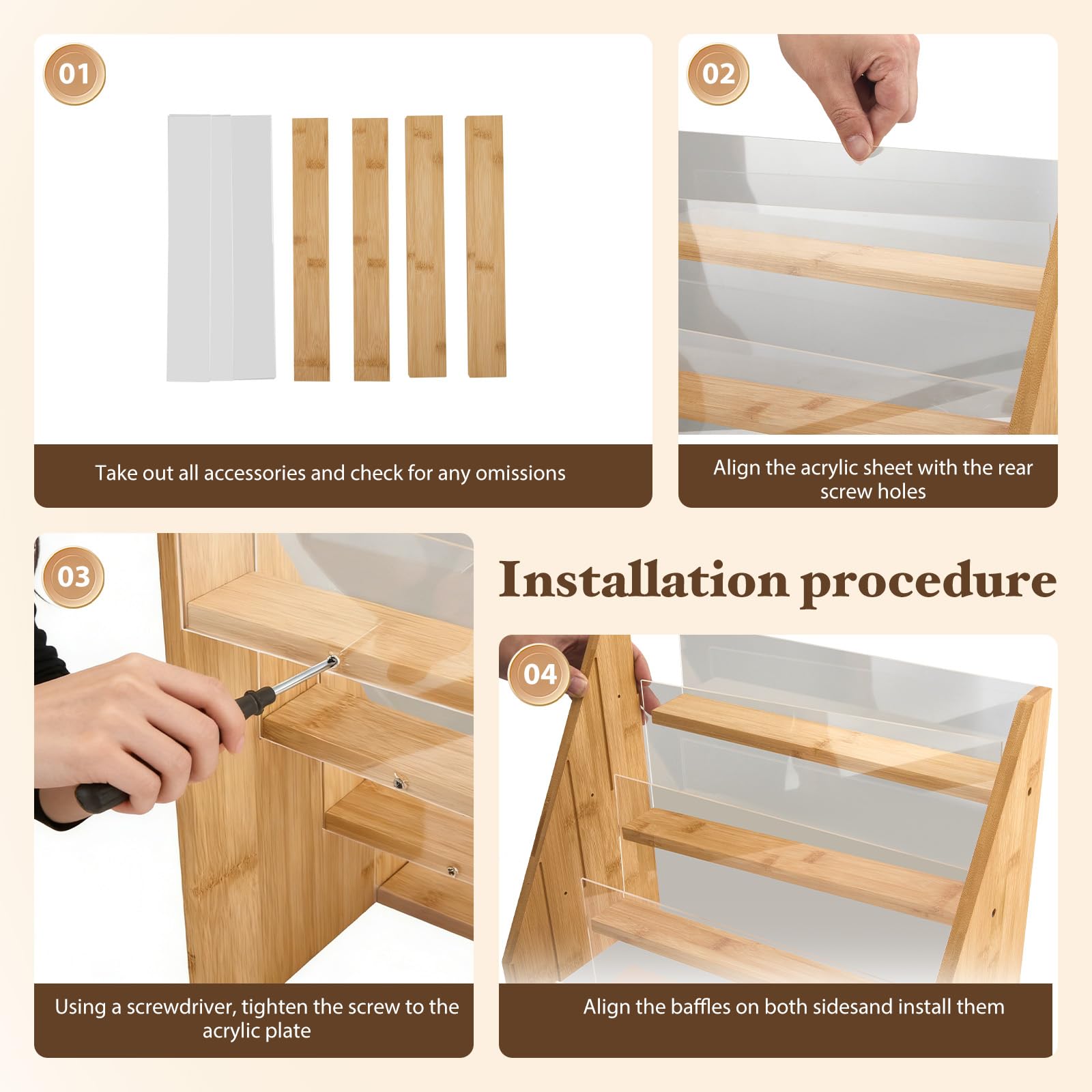 Présentoir à 4 Niveaux pour Cartes en Bambou et Acrylique, Support d'Exposition Portable avec Vitrine, Pour Étiquettes, Comptoir, Commerce de Détail, Bureau et Événements