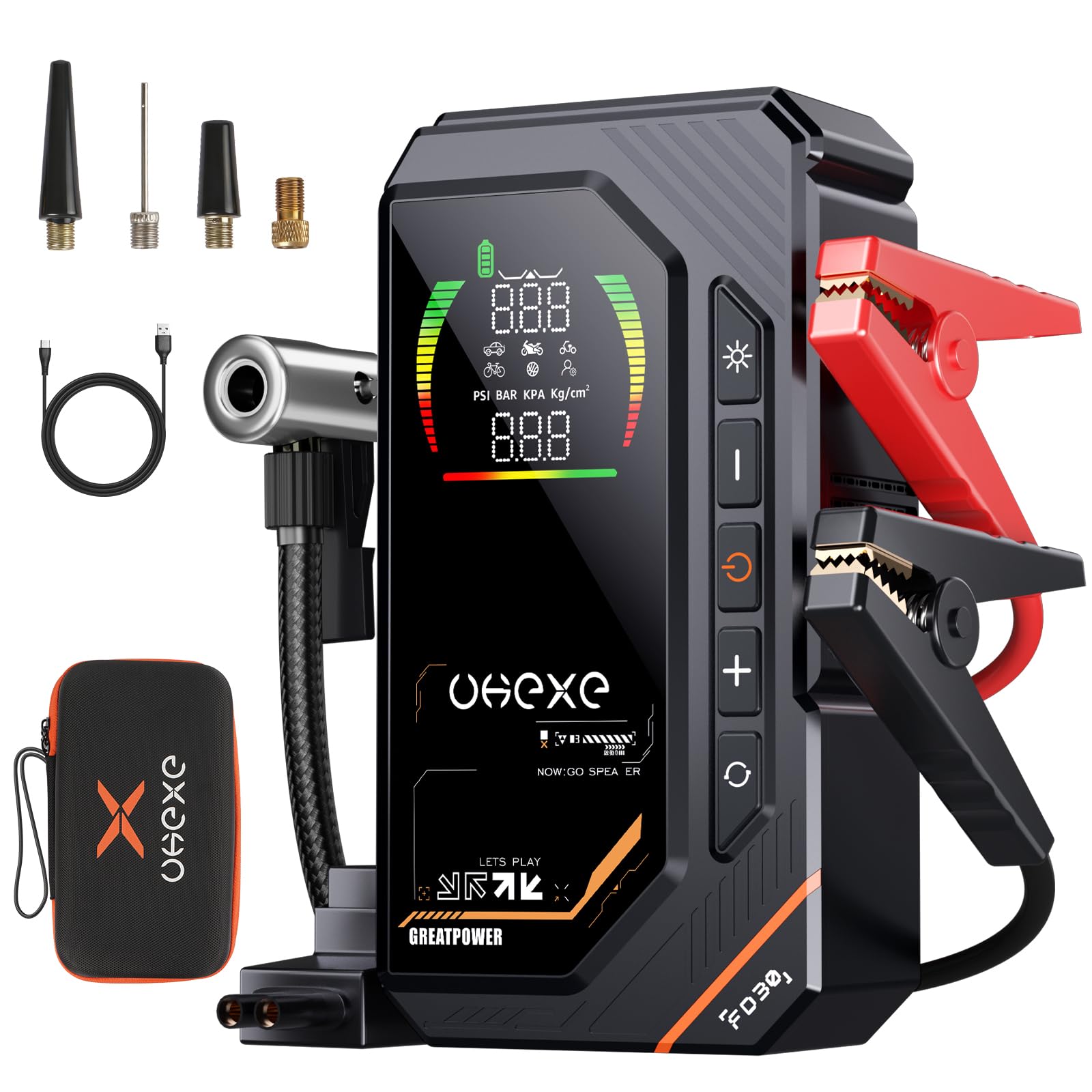 5000A Avviatore di emergenza con compressore d'aria da 160 PSI, gonfiatore portatile da 88,8 Wh, display LED per 10,0 L di benzina e 9,0 L di gasolio (Nero)