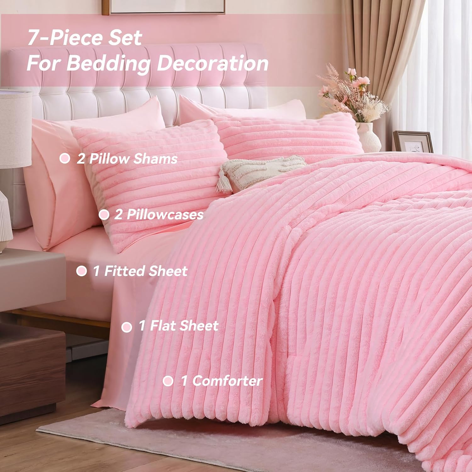 weigelia Queen Comforter Set 7 Piece Fluffy Fleece Bedding Set, Soft Pink Bed Set with Luxury Fuzzy Bed in a Bag, All Season Warm Bedding Sets with Comforter, Sheets, Pillowcases & Shams