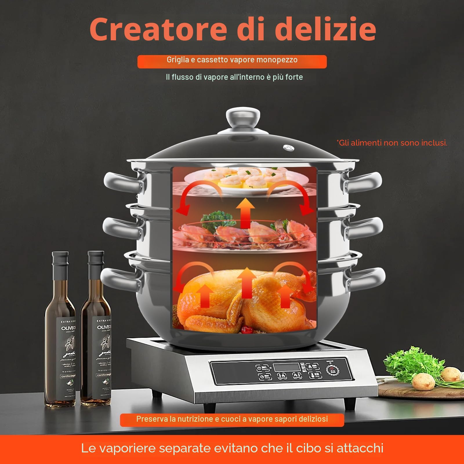 Pentola a vapore in acciaio inox con coperchio in vetro - 28 cm, pentola per zuppa a 3 piani, cuocere a vapore e cucinare simultaneamente, vaporiera per piani cottura a induzione e a gas, per cottura