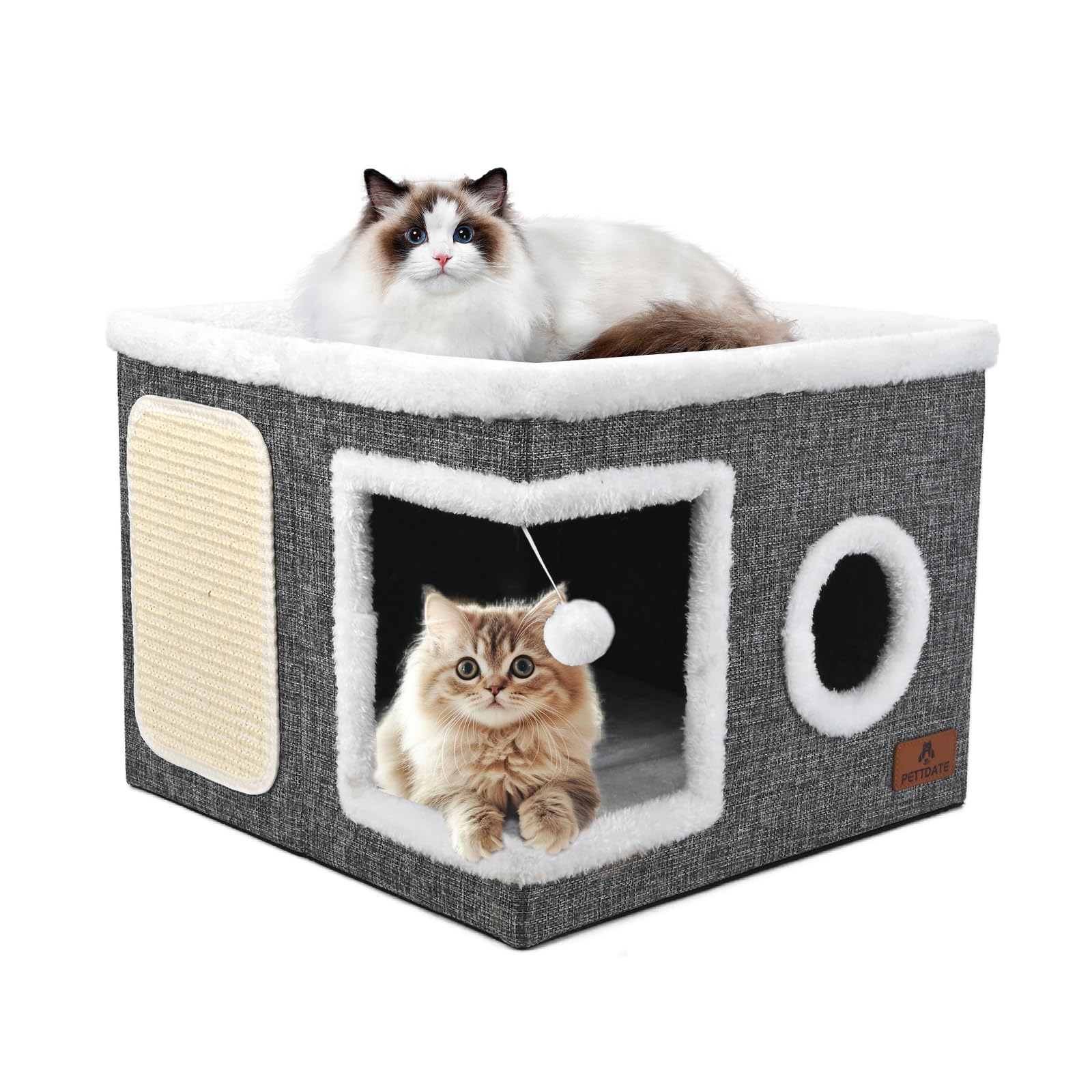 Cat Beds for Indoor Cats - Foldable Cat Hideaway with Hanging Fluffy Ball and Scratch Pad, Large Cat Bed Cave with Reversible Cushion for Multi Small Pet Kitten, Grey