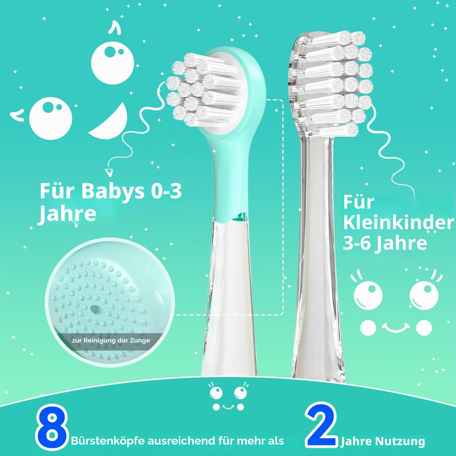 Seago Elektrische Zahnbürste Kinder 0-6 Jahre mit buntem LED Licht, Smart Timer, wiederaufladbare Baby Zahnbürste mit 8 weiche Ersatzbürstenköpfen, IPX7 Wasserdicht, SG2139 (Blau) (Packung mit 2)