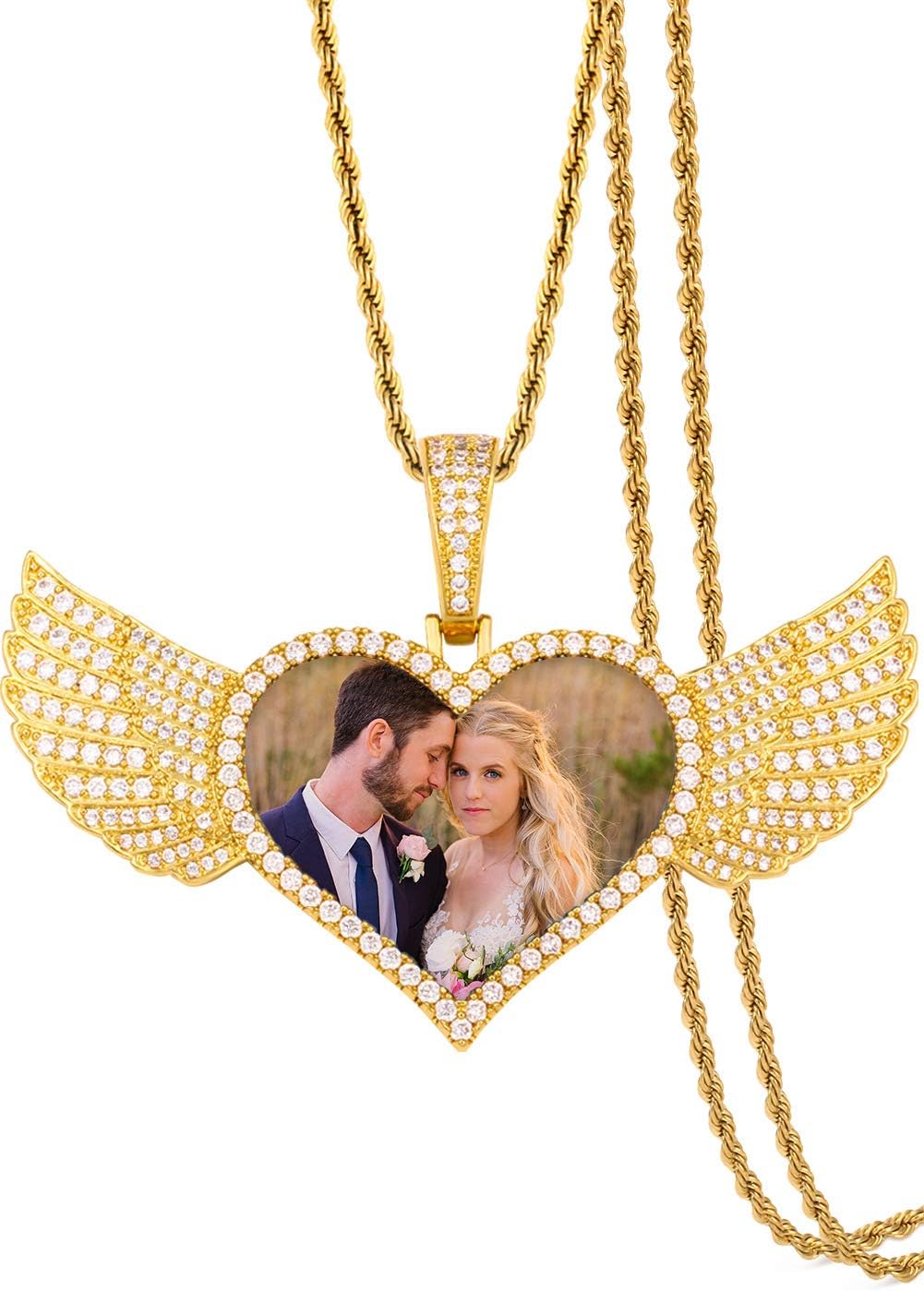 TUHE Custom Picture Necklace Personalized Hip Hop Iced out Heart Angle Wings Pendant Photo Necklace for Men Women Memory Chain Necklace Customized with Picture Rope/Tennis/Cuban Chain Necklaces
