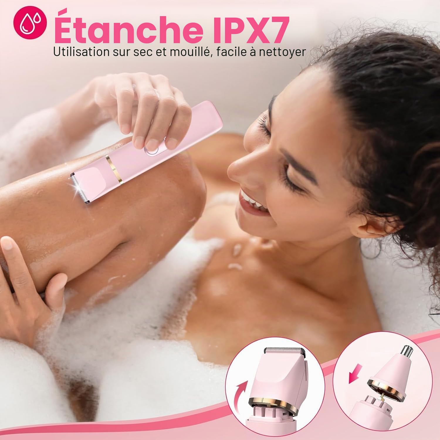Rasoir Electrique Femme 5 en 1 Tondeuse Bikini Étanche IPX7 Rasoir Intime Femme 5 Têtes Interchangeables pour Visage, Bras, Jambes, Aisselles avec Base de Charge USB
