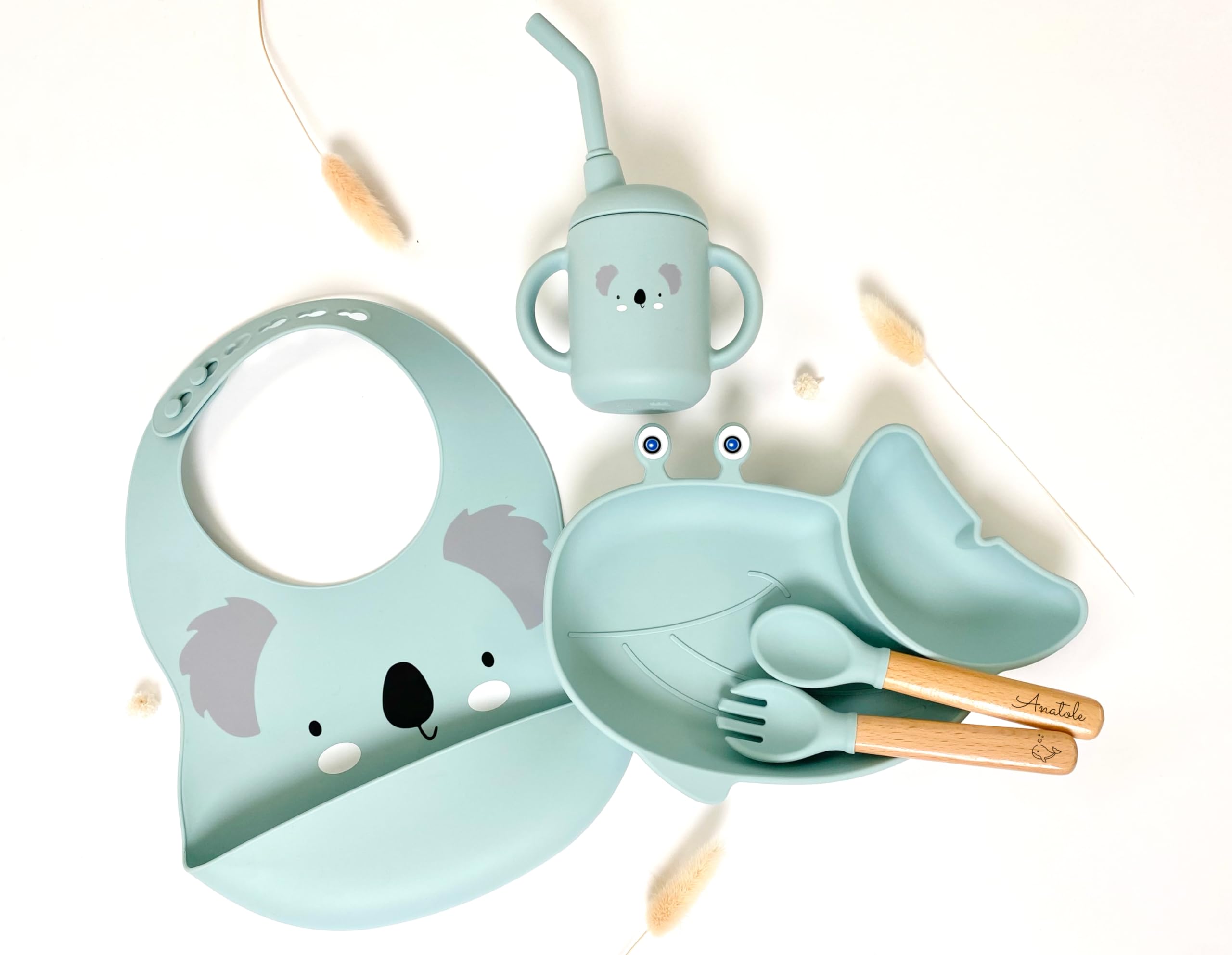 Pack repas + bavoir animaux + verre à paille pour enfant personnalisé | Cadeau de Bapteme naissance | Cadeau enfant et bébé | Kit Coffret Diner (Bleu clair)