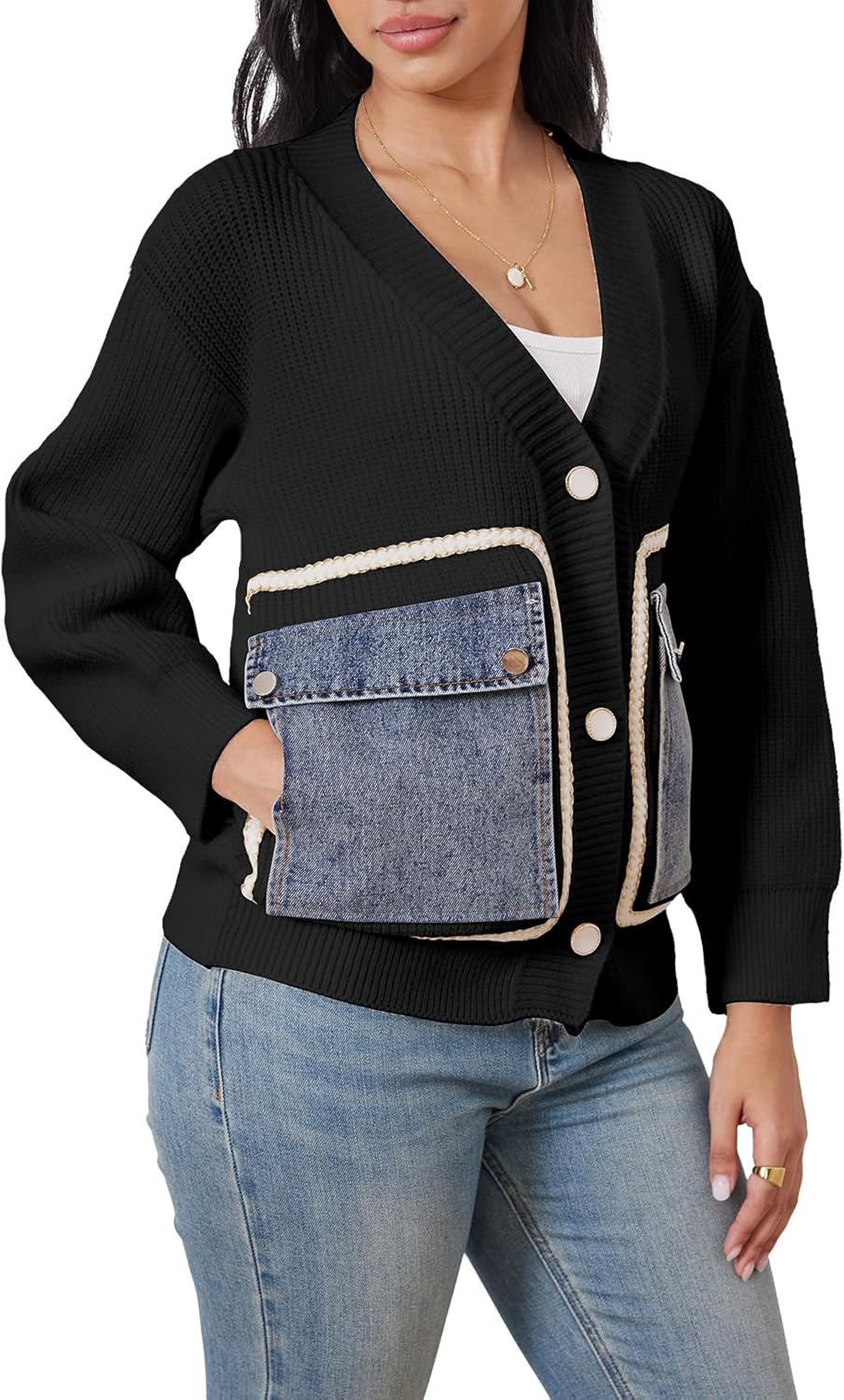 Women's Patchwork Denim Pocket Cardigan 2025 Fall Winter Outerwear Long Sleeve Button Down Chunky Knit Sweaters Coats - Image 4